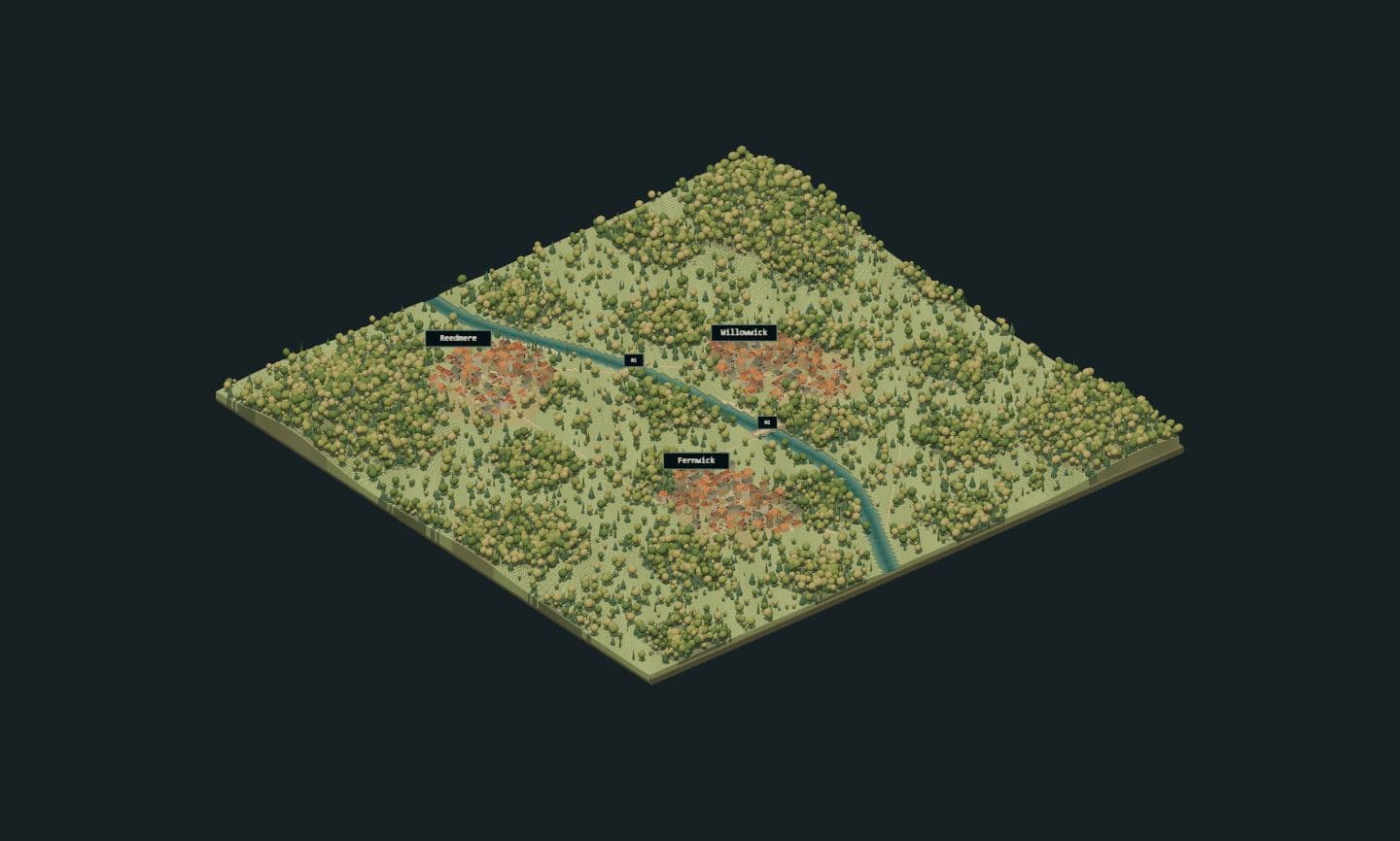 A developed Emergent City region: Reedmere, Willowwick and Fernwick grow around a winding river, connected by roads and two bridges.