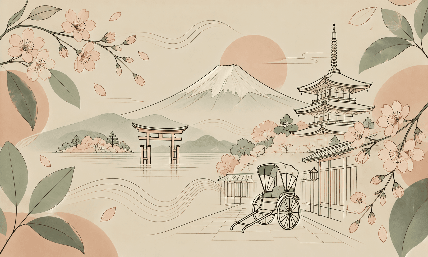 An illustration of Mount Fuji, a pagoda, a torii gate, a rickshaw, and cherry blossoms in muted green and peach tones