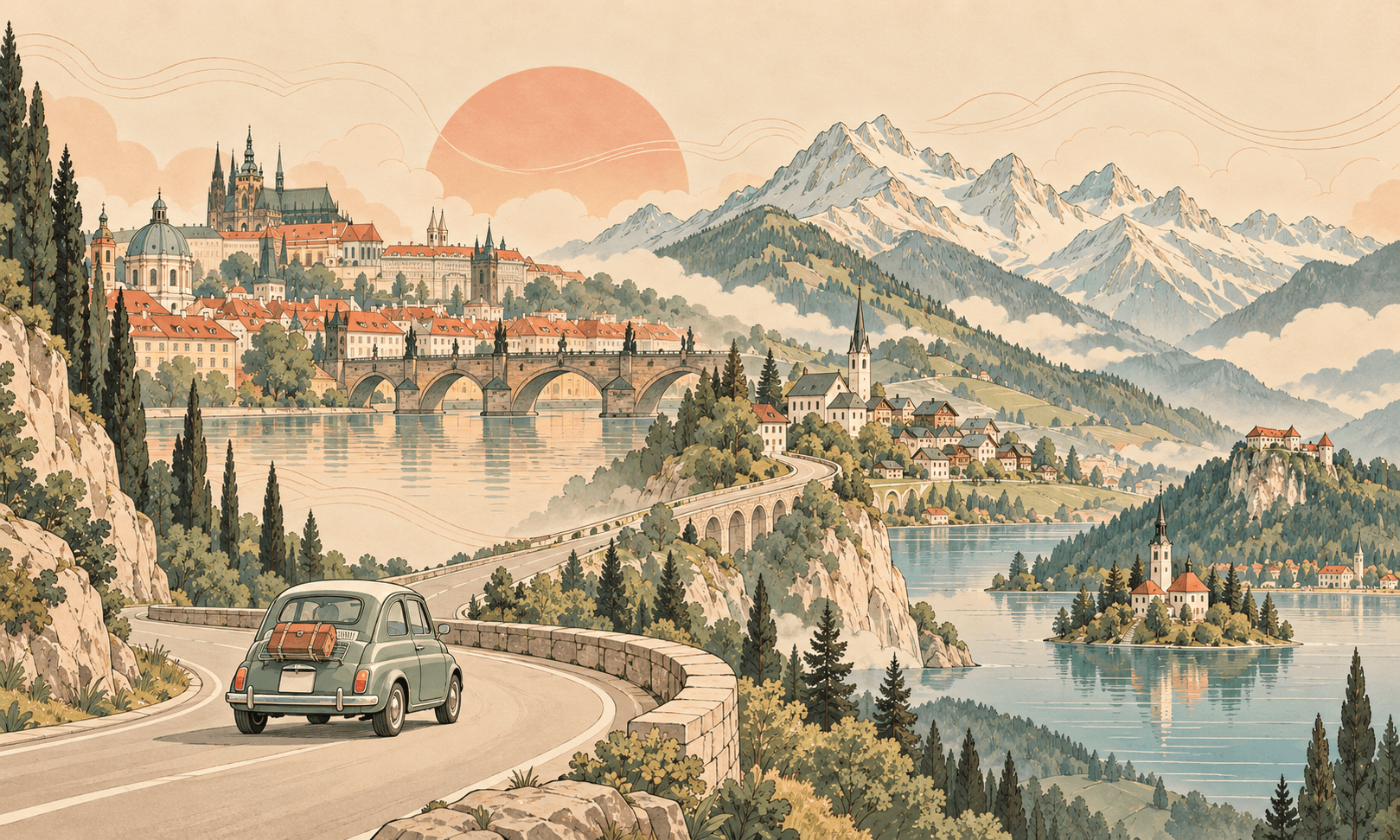 An illustration of a green car on a winding road between historic towns, lakes, and mountains in warm peach and muted green tones
