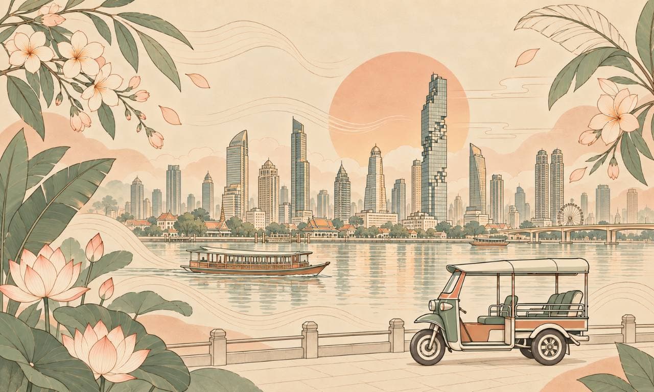 An illustration of the Bangkok skyline beside a river, a ferry, a tuk-tuk, lotus flowers, and tropical leaves in warm neutral colors