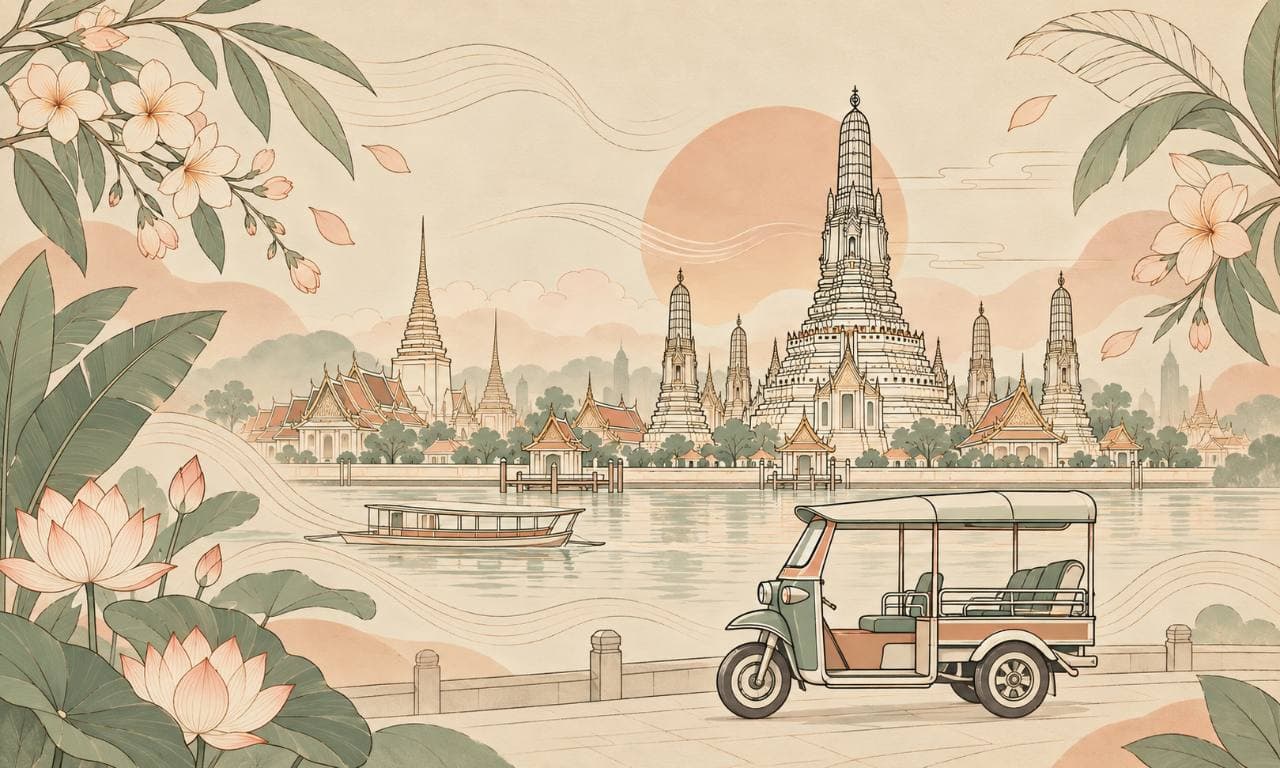 An illustration of Thai temples along a river, a tuk-tuk, lotus flowers, and tropical leaves in warm neutral colors