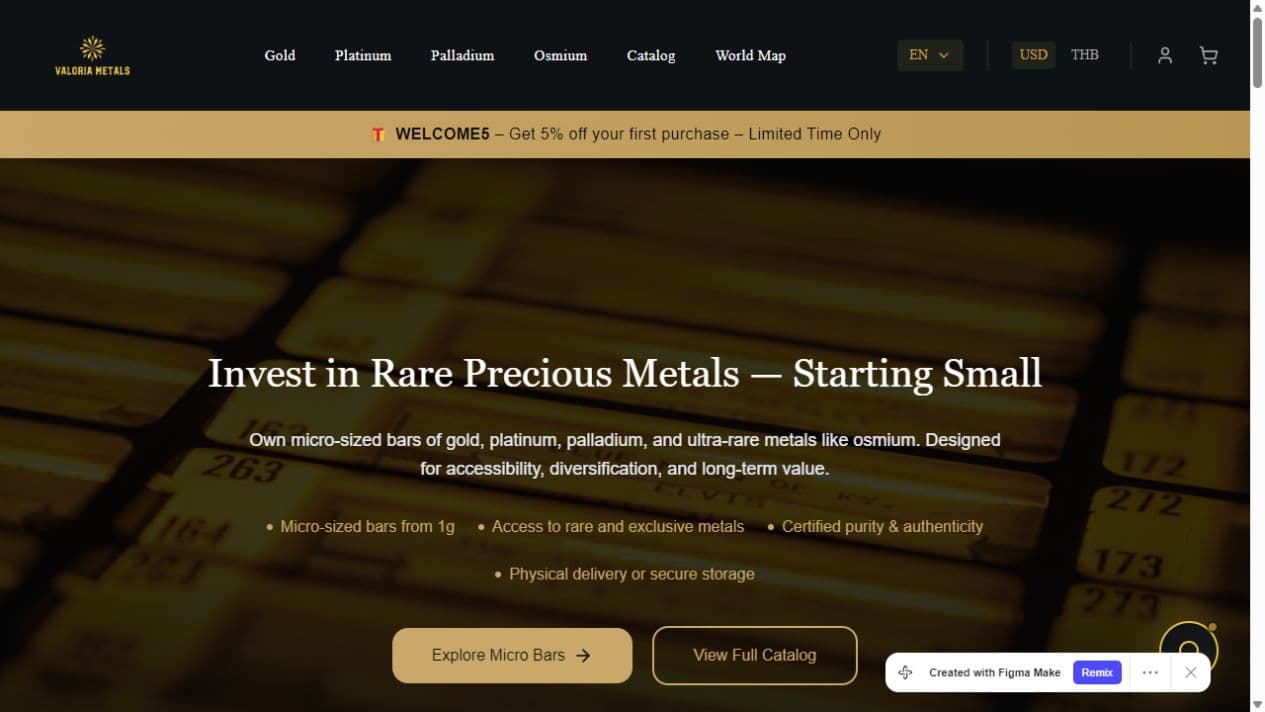 Valoria Metals website prototype with a gold-bar background, metal categories, and a product catalogue invitation